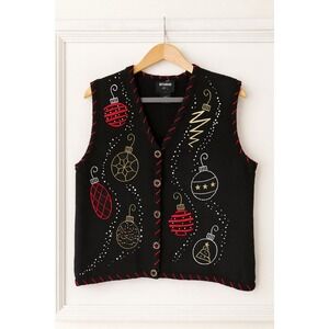 Vtg Studio Joy Black Christmas Ornament Sweater Vest L Ramie Beaded Embellished